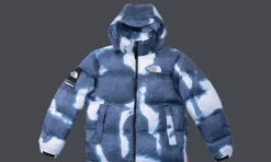 The North Face Bleached Denim Print Nuptse Jacket Blue<Supreme Online
